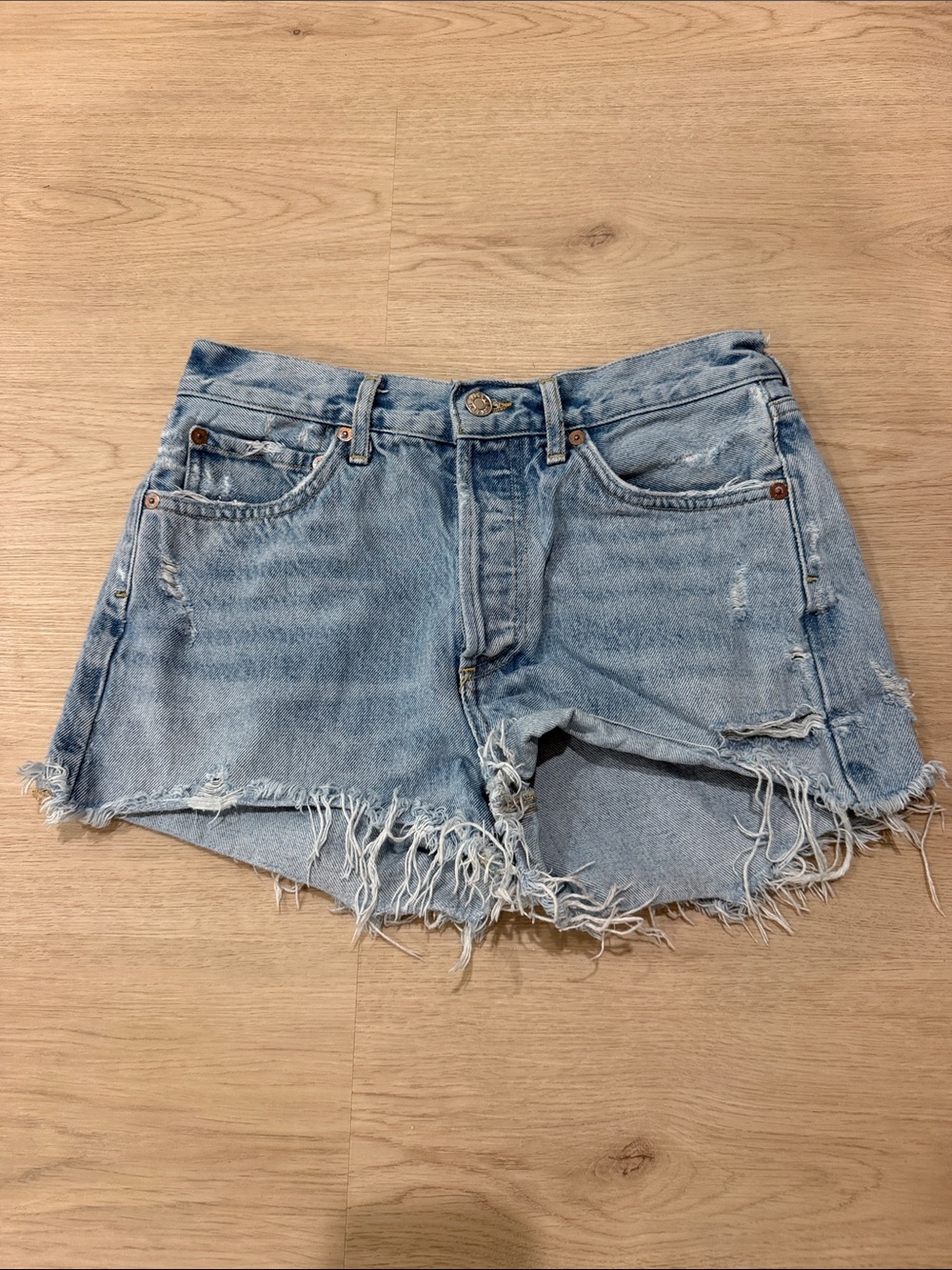Agolde 26 Classic Light Blue Distressed Denim Shorts